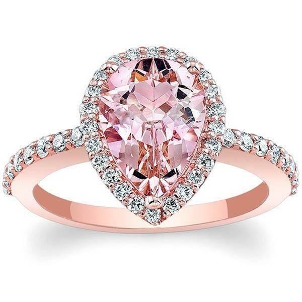 2CT Pear Cut Morganite 14k Rose Gold Over Diamond Solitaire Halo Engagement Ring - atjewels.in