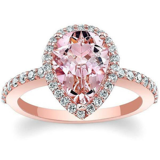 2CT Pear Cut Morganite 14k Rose Gold Over Diamond Solitaire Halo Engagement Ring - atjewels.in
