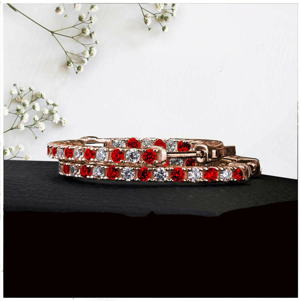 3 CT Round Cut Red Garnet 14k Solid Rose Gold Over Diamond Wedding Hoop Earrings - atjewels.in