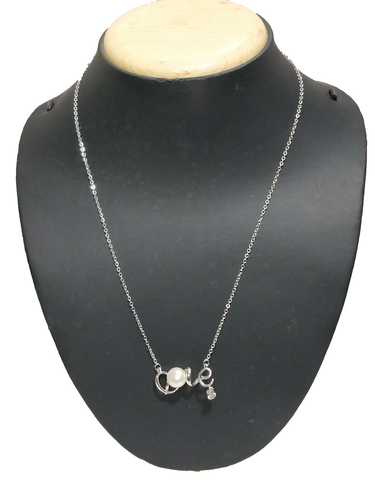 14k White Gold Over Round Cut Pearl & Diamond Tassel LOVE Pendant 16" Necklace - atjewels.in