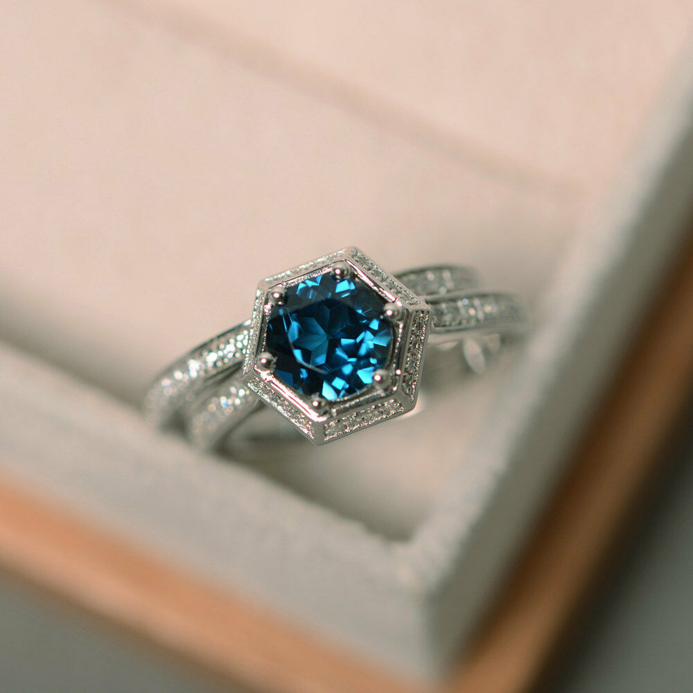 14k White Gold Over 2CT Round Cut London Blue Topaz Halo Diamond Engagement Ring - atjewels.in