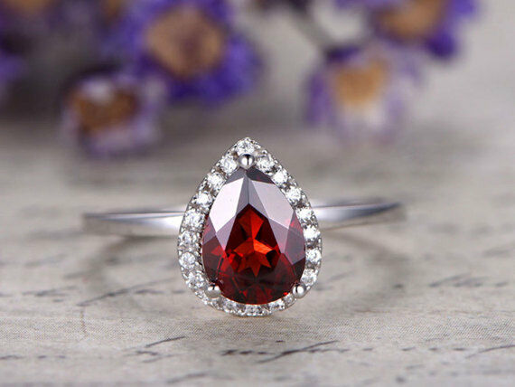 14k White Gold Over 1 Ct Pear Cut Garnet & Diamond Halo Engagement Wedding Ring - atjewels.in