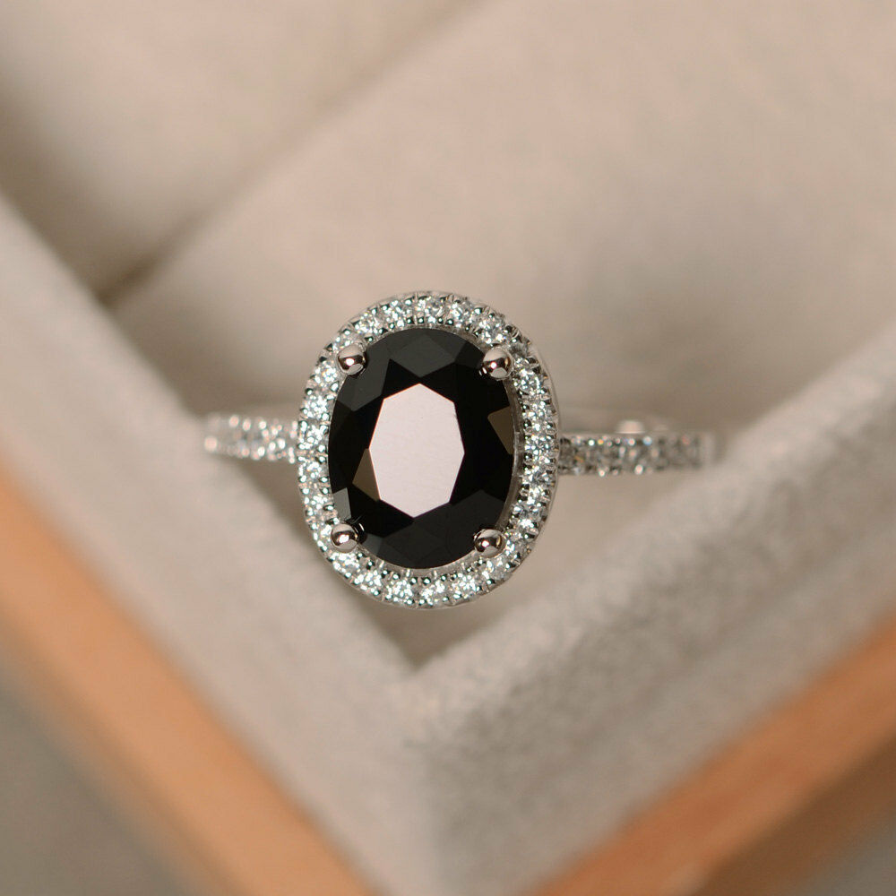 2 CT Oval Cut Black & White Diamond 14k White Gold Over Halo Engagement Ring - atjewels.in