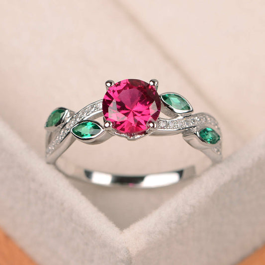 14k White Gold Over 1 CT Ruby & Emerald Solitaire Leaf Diamond Engagement Ring - atjewels.in