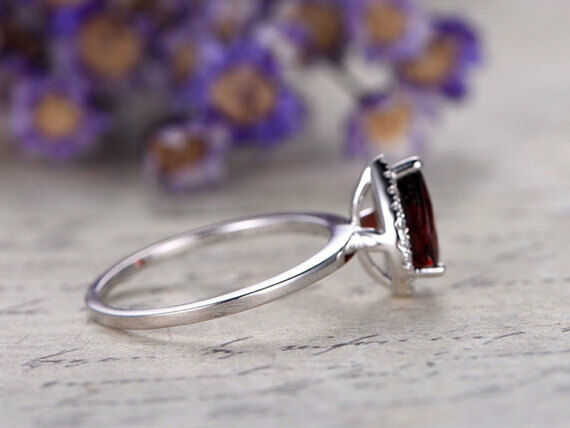 14k White Gold Over 1 Ct Pear Cut Garnet & Diamond Halo Engagement Wedding Ring - atjewels.in