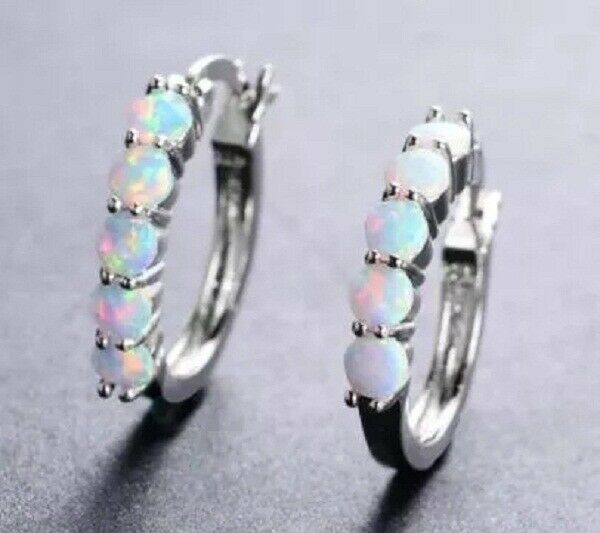 1 CT Round Cut White Fire Opal 14k White Gold Over Ear Stud Drop Hoop Earrings - atjewels.in