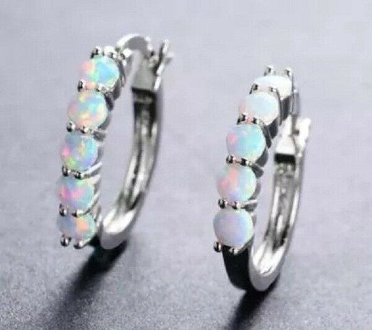 1 CT Round Cut White Fire Opal 14k White Gold Over Ear Stud Drop Hoop Earrings - atjewels.in