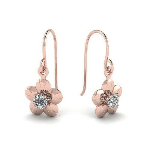 14K Rose Gold Over 0.10CT Round Cut White Diamond Cute Flower Dangle Earrings - atjewels.in