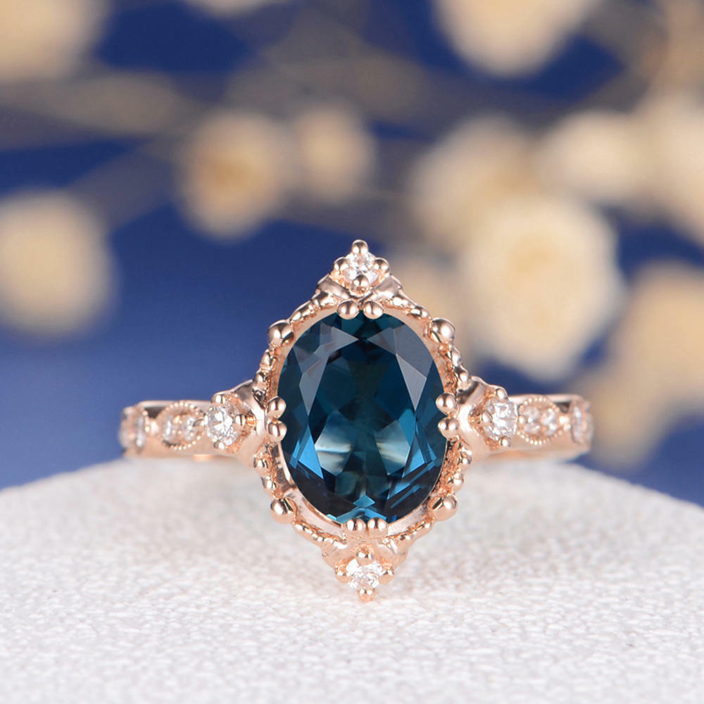 1CT Oval Cut London Blue Topaz 14k Rose Gold Over Solitaire Wedding Diamond Ring - atjewels.in