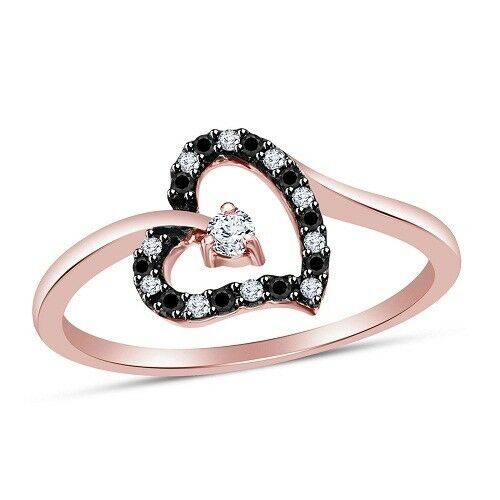 14k Two Tone Gold Over Round Cut White & Black Diamond Lovey Heart Wedding Ring - atjewels.in