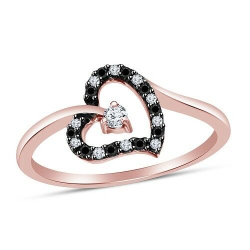 14k Two Tone Gold Over Round Cut White & Black Diamond Lovey Heart Wedding Ring - atjewels.in
