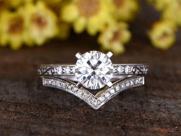 1.25 Carat Round Moissanite Wedding Set Diamond Bridal Ring 14k White Gold Over - atjewels.in