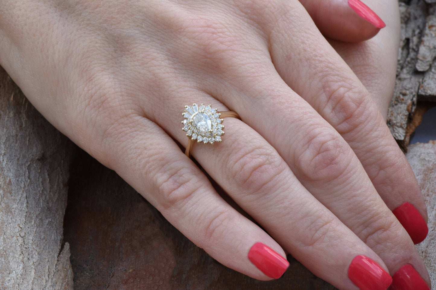 1CT Pear Round Cut Diamond 14K Yellow Gold Over Cluster Baguette Engagement Ring - atjewels.in