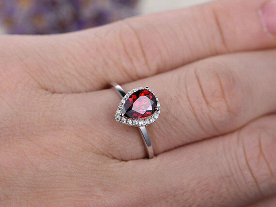 14k White Gold Over 1 Ct Pear Cut Garnet & Diamond Halo Engagement Wedding Ring - atjewels.in