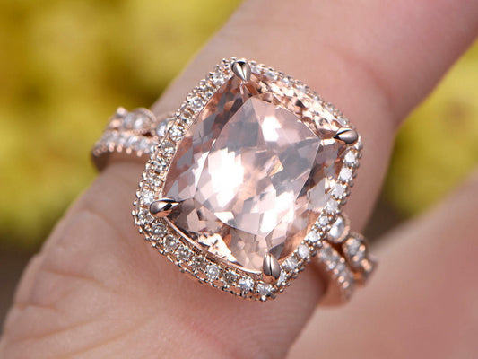 5 CT Cushion Cut Morganite Wedding Diamond Bridal Ring Set 14k Rose Gold Finish - atjewels.in