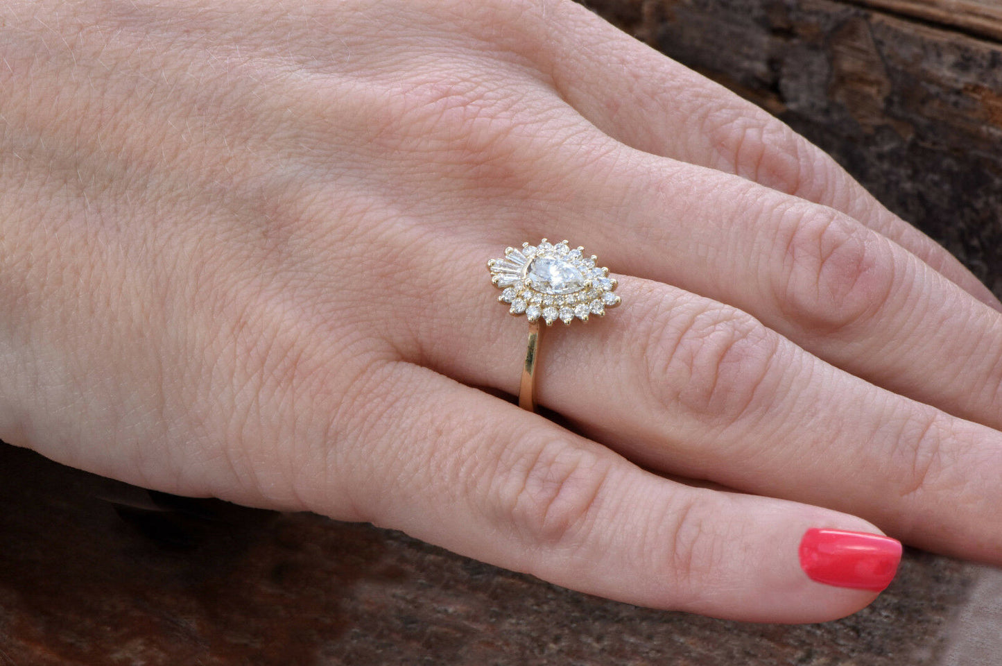 1CT Pear Round Cut Diamond 14K Yellow Gold Over Cluster Baguette Engagement Ring - atjewels.in