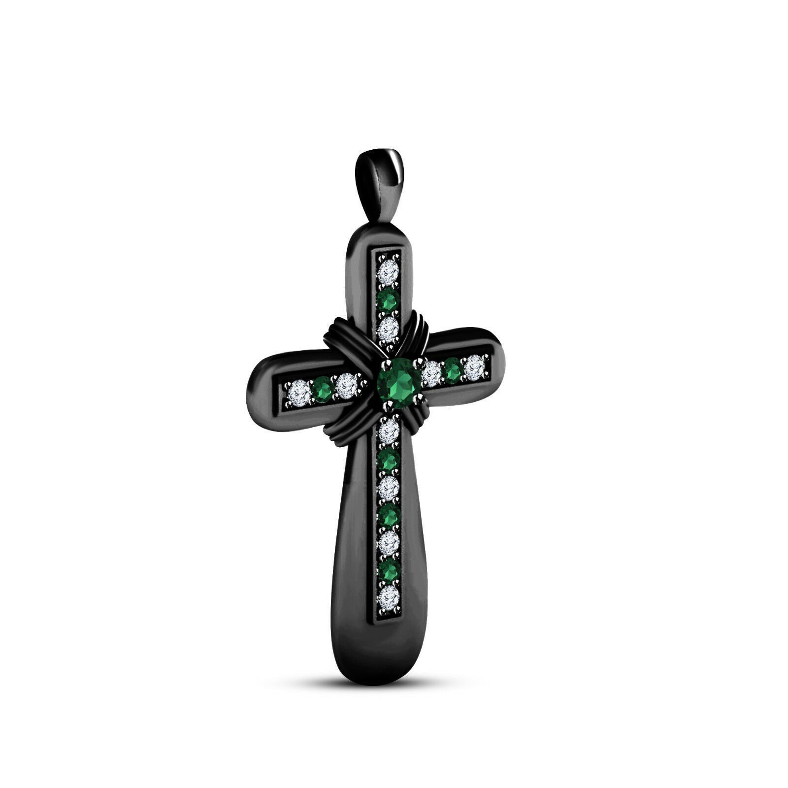 Full Black Rodhium .925 Sterling Silver Green Emerald & White CZ Cross Pendant - atjewels.in