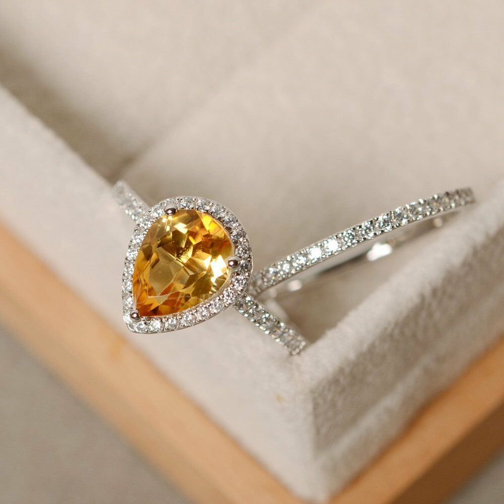 2CT Pear Cut Citrine 14k White Gold Over Halo Bridal Diamond Engagement Ring Set - atjewels.in