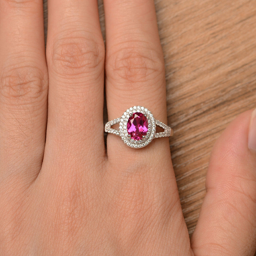 2 CT Oval Ruby 14k White Gold Over Diamond Double Halo Split Shank Wedding Ring - atjewels.in