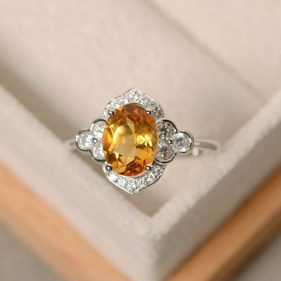1 CT Oval Cut Citrine & Diamond 14k White Gold Over Halo Engagement Women's Ring - atjewels.in