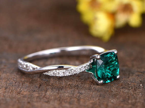 14k White Gold Over Princess Cut Emerald & Diamond Split Shank Engagement Ring - atjewels.in
