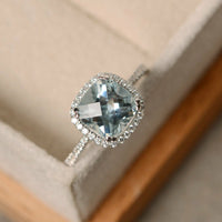 14k Solid White Gold Over Cushion Cut Aquamairne & Diamond Halo Engagement Ring - atjewels.in