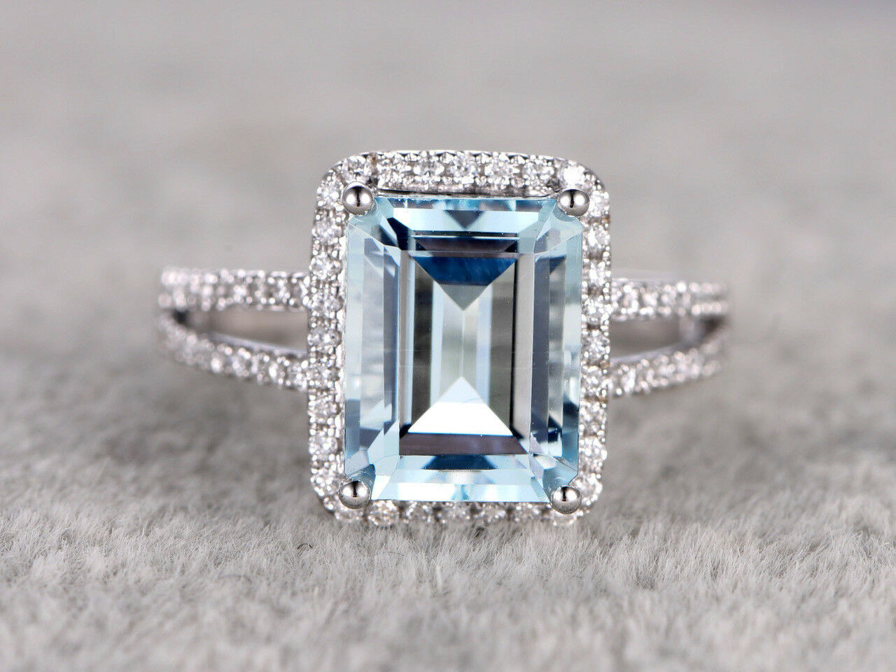 14k White Gold Over 4 CT Emerald Cut Aquamarine & Diamond Halo Split Shank Ring - atjewels.in