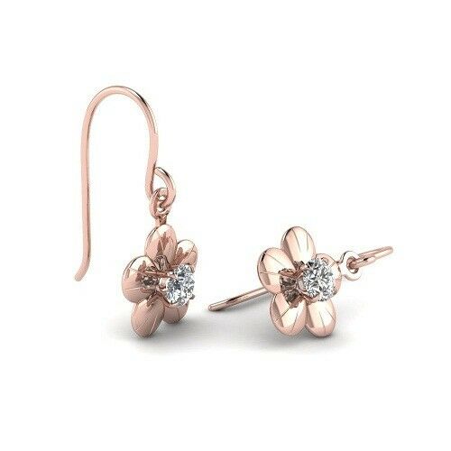 14K Rose Gold Over 0.10CT Round Cut White Diamond Cute Flower Dangle Earrings - atjewels.in