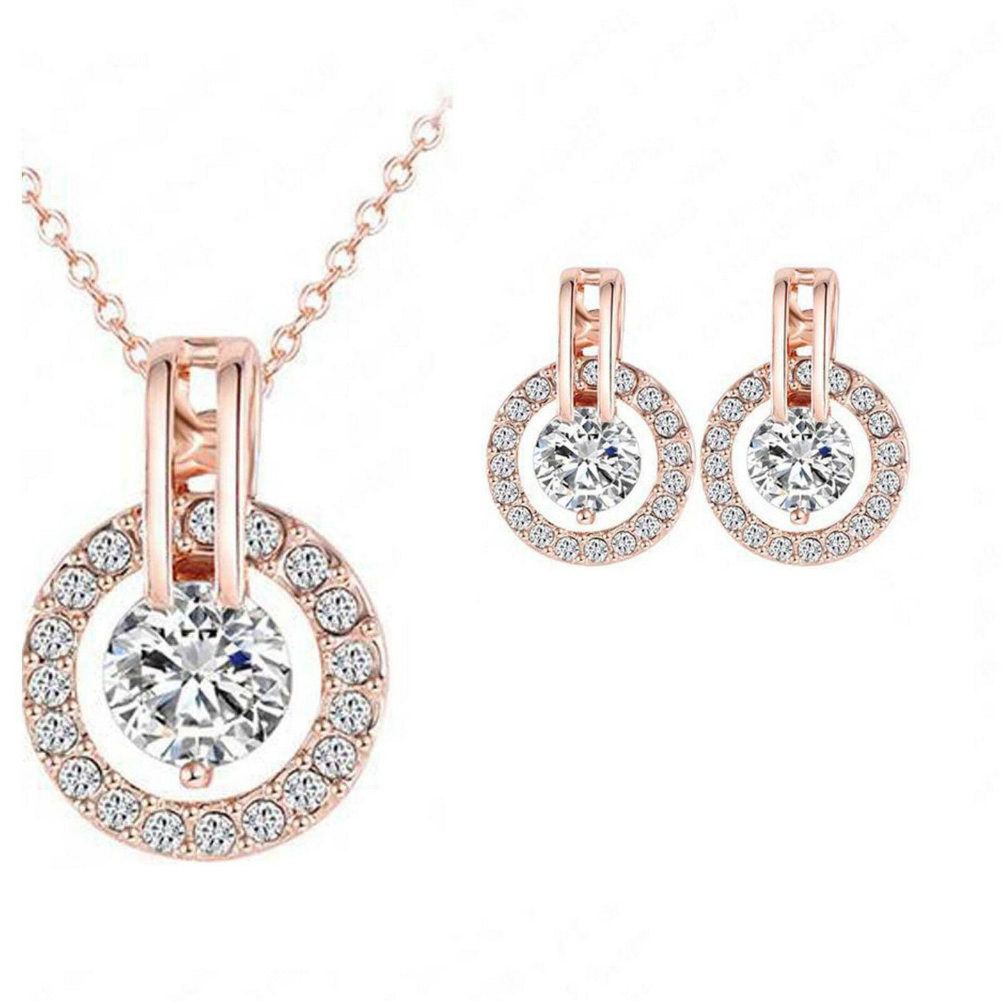 14K Rose Gold Over Round Cut Diamond Solitaire Halo Pendant Earrings Jewelry Set - atjewels.in