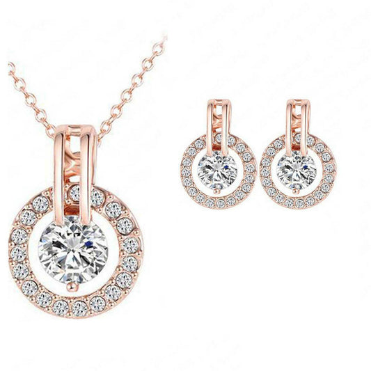 14K Rose Gold Over Round Cut Diamond Solitaire Halo Pendant Earrings Jewelry Set - atjewels.in