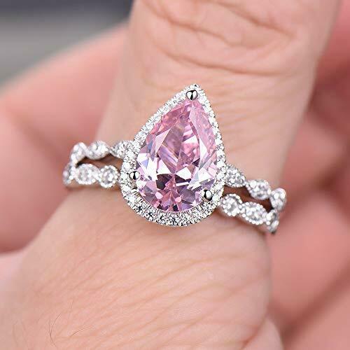 2.2 CT Pear Cut Pink Sapphire 14k White Gold Over Diamond Halo Bridal Ring Set - atjewels.in