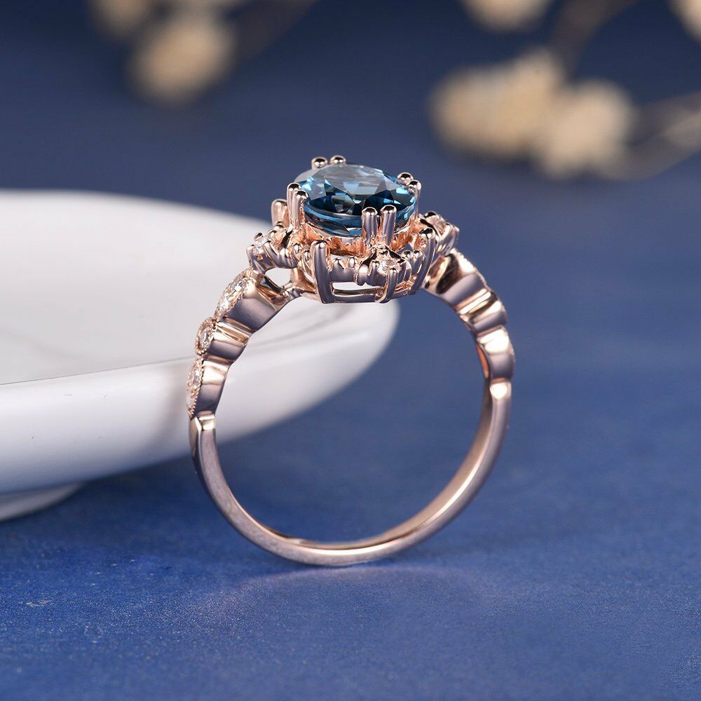 1CT Oval Cut London Blue Topaz 14k Rose Gold Over Solitaire Wedding Diamond Ring - atjewels.in