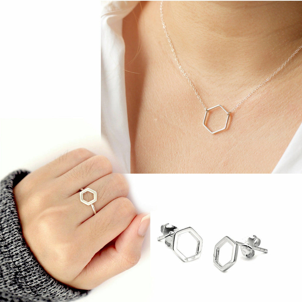 925 Sterling Silver Hexagon Shape Pendant Earrings & Ring Jewelry Set With Chain - atjewels.in