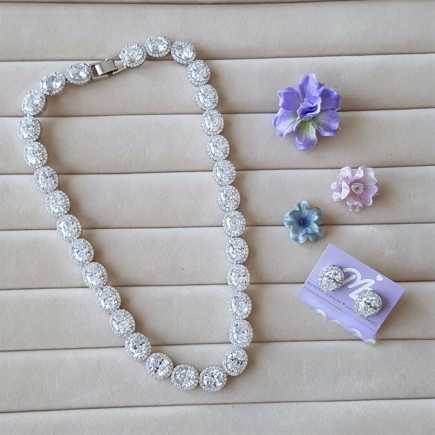 14k White Gold Over Oval Cut Diamond Halo Tennis 16" Necklace Wedding JewelrySet - atjewels.in