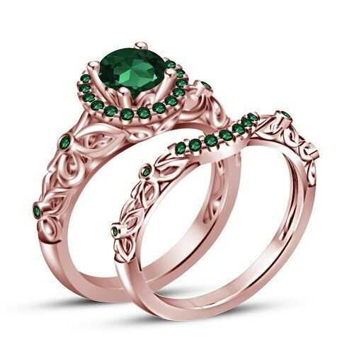 Solid 14k Rose Gold Over 1 CT Round Cut Green Emerald Wedding Bridal Ring Set - atjewels.in