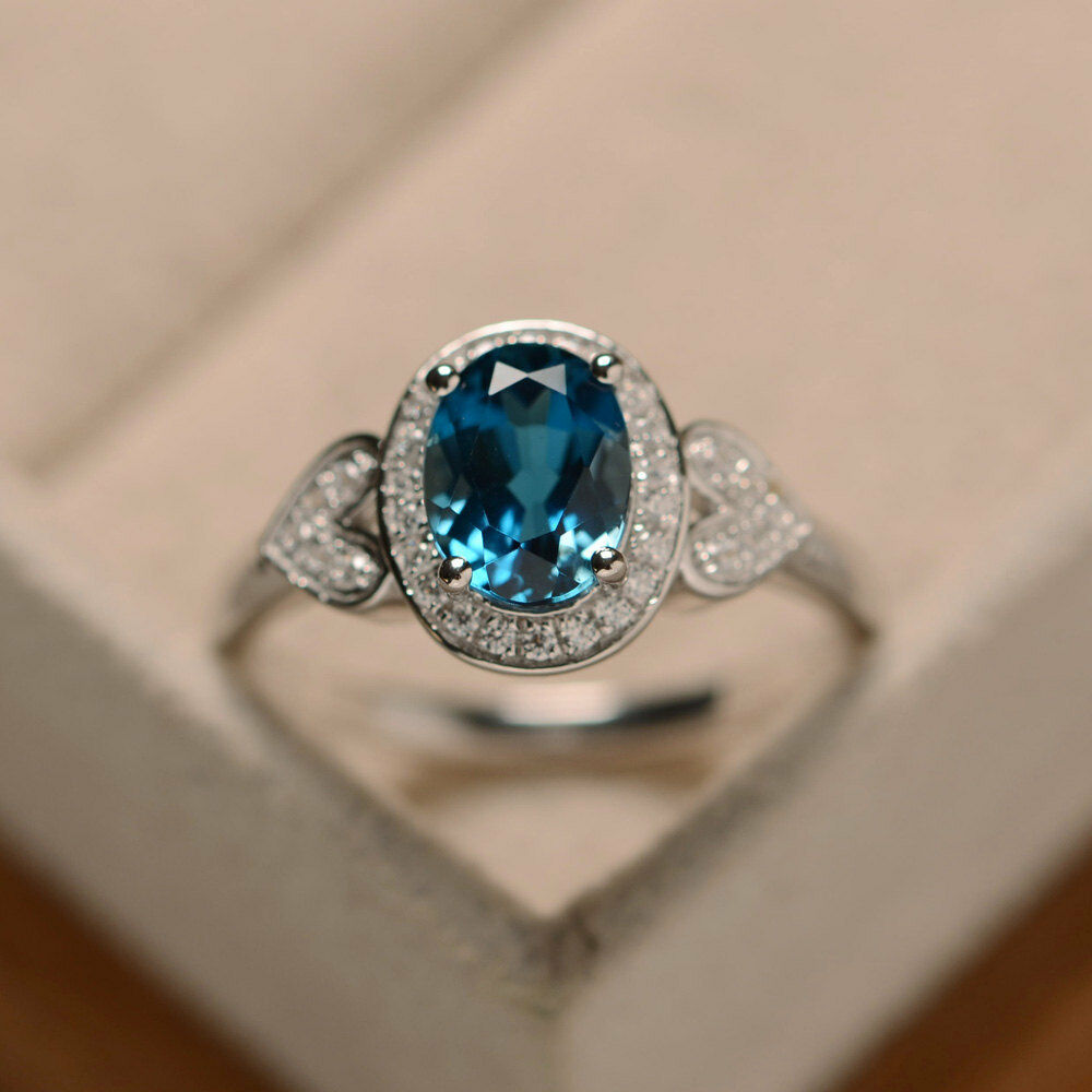 2 CT Oval Cut London Blue Topaz 14k White Gold Over Halo Heart Diamond Ring - atjewels.in