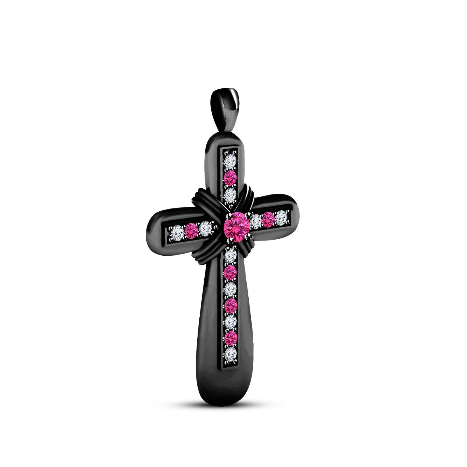 Black Gold Over .925 Sterling Silver Pink Sapphire & CZ Religious Cross Pendant - atjewels.in