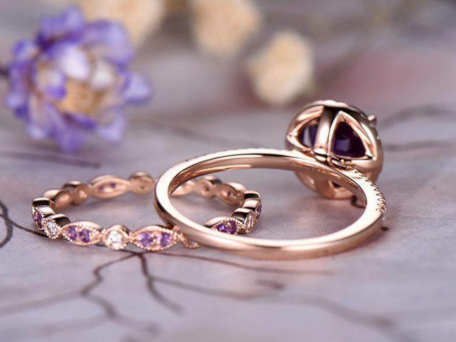 2CT Round Cut Amethyst 14k Gold Over Eternity Engagement Diamond Bridal Set Ring - atjewels.in