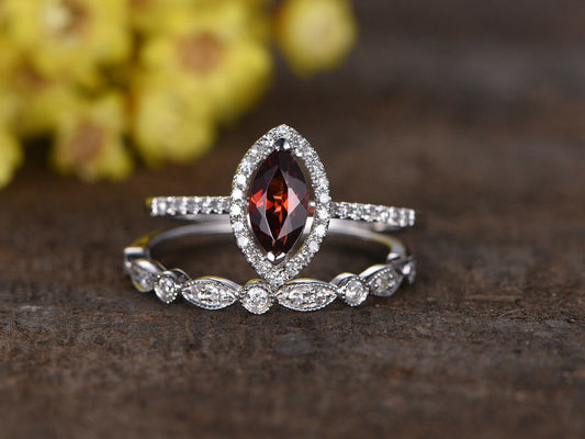 1CT Marquise Cut Red Garnet 14k White Gold Over Diamond Band Engagement Ring Set - atjewels.in