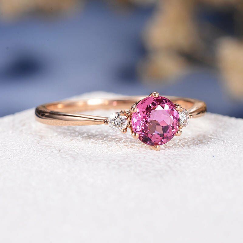 1/2 CT Round Cut Tourmaline 14k Rose Gold Over Diamond 3-Stone Anniversary Ring - atjewels.in