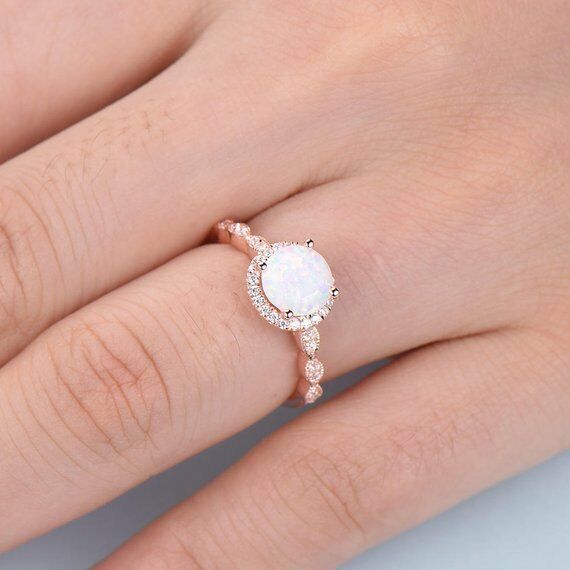 1CT Round Cut Opal & Diamond 14k Rose Gold Over Solitaire Engagement Womens Ring - atjewels.in