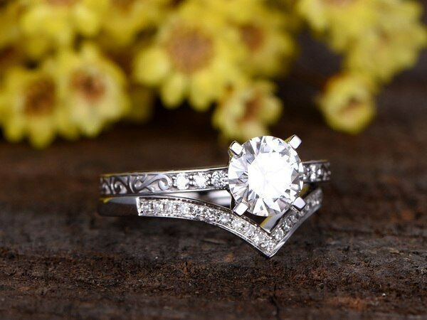 1.25 Carat Round Moissanite Wedding Set Diamond Bridal Ring 14k White Gold Over - atjewels.in