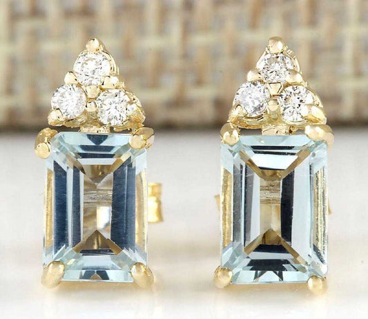 2 CT Emerald Cut Aquamarine 14k Yellow Gold Over Solitaire Diamond Stud Earrings - atjewels.in