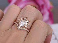 2 CT Pear Morganite Diamond 14k Rose Gold Over Bridal Set Crwon Engagement Ring - atjewels.in