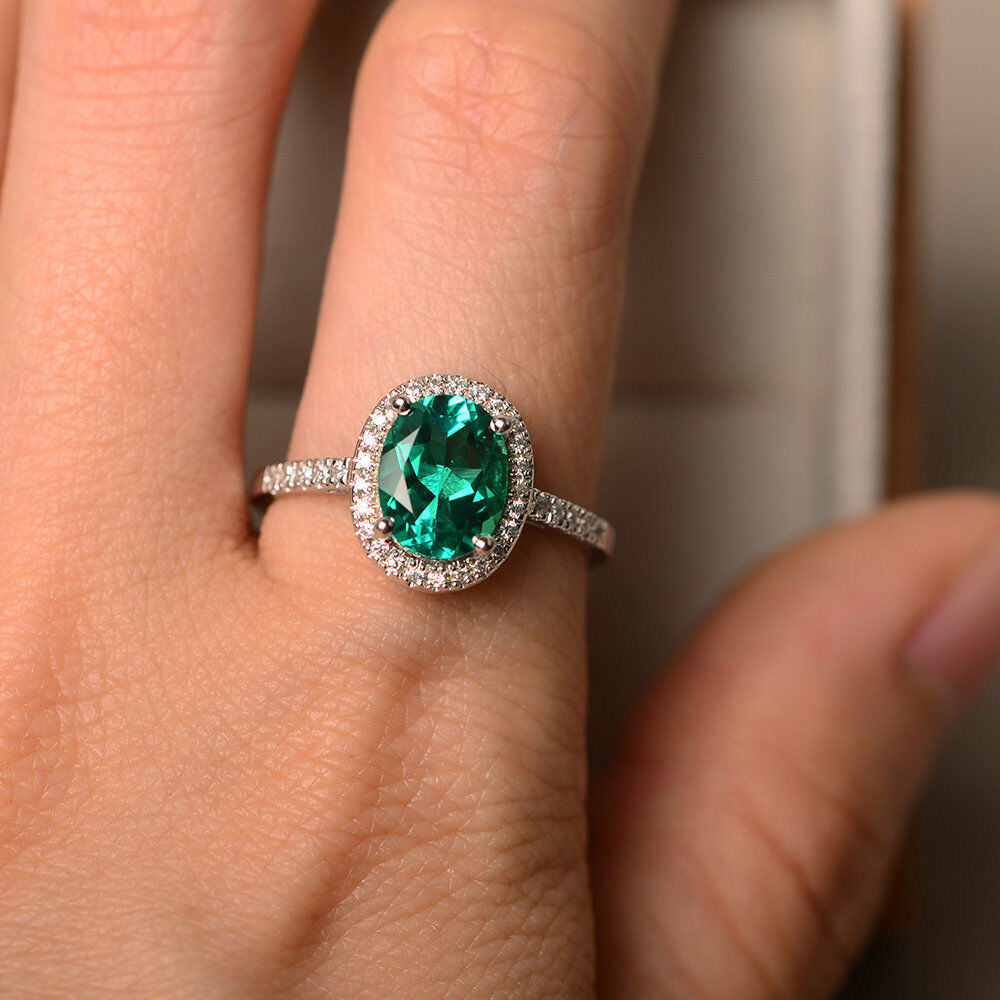 1.5 CT Oval Cut Emerald 14k White Gold Over Halo Diamond Engagement Wedding Ring - atjewels.in