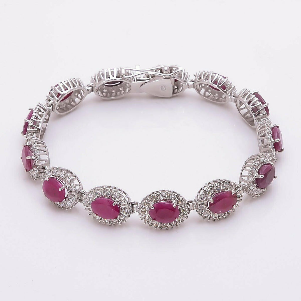 35 CT Oval Cut Red Ruby 14k White Gold Over Diamond Halo Link 8" Tennis Bracelet - atjewels.in