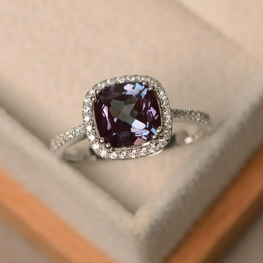 2 CT Cushion Cut Alexandrite 14k White Gold Over Halo Engagement Diamond Ring - atjewels.in