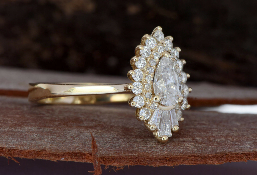 1CT Pear Round Cut Diamond 14K Yellow Gold Over Cluster Baguette Engagement Ring - atjewels.in
