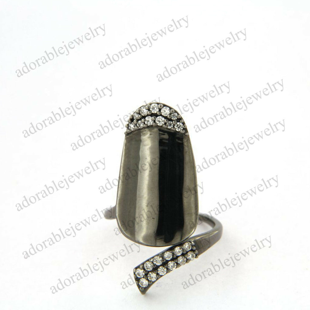 Full Black Rhodium On .925 Sterling Silver White Diamond Adjustable Nail Ring - atjewels.in