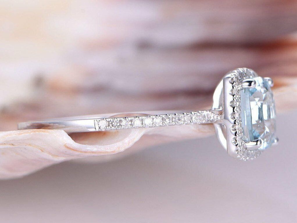 2 CT Cushion Cut Aquamarine 14k White Gold Over Diamond Halo Wedding Bridal Ring - atjewels.in